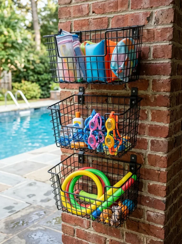 Three matte black wire baskets mounted to a wall organizing swimming goggles and toys