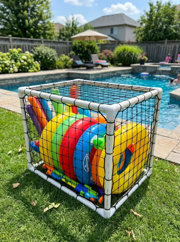 White PVC pipe and black mesh corral organizing pool toys on a lawn