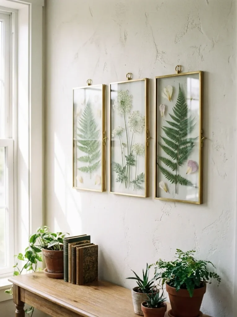 Pressed flower wall art DIY floating brass frames on a wall