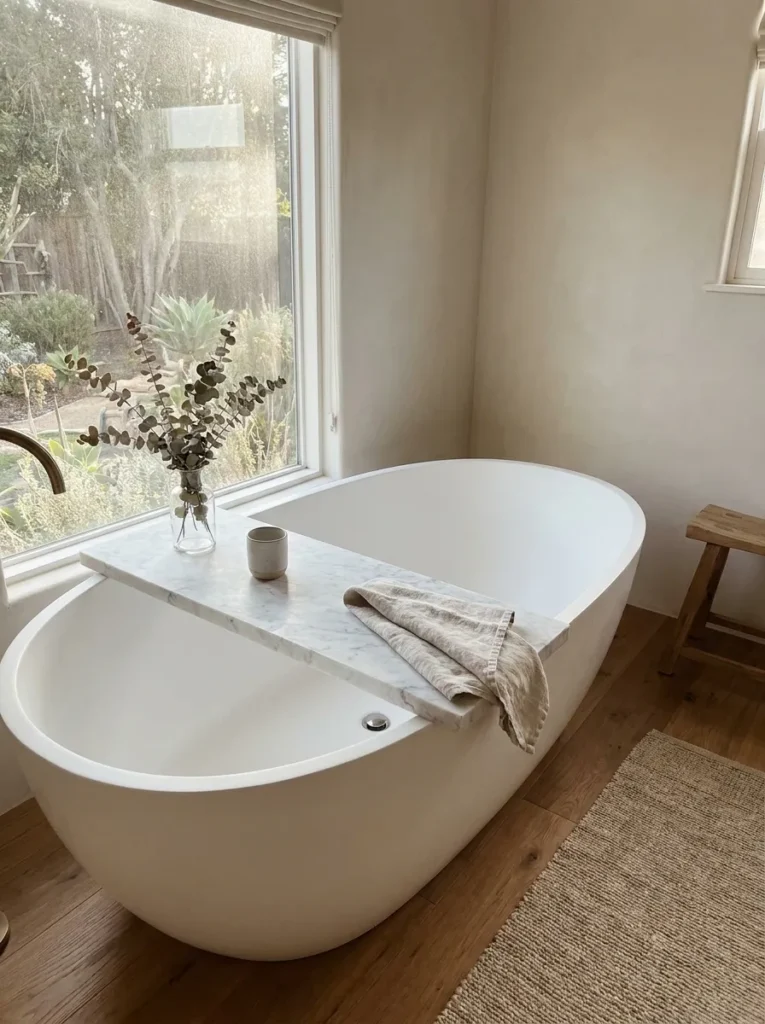 Solid white Carrara marble slab tray resting across a luxury soaking tub