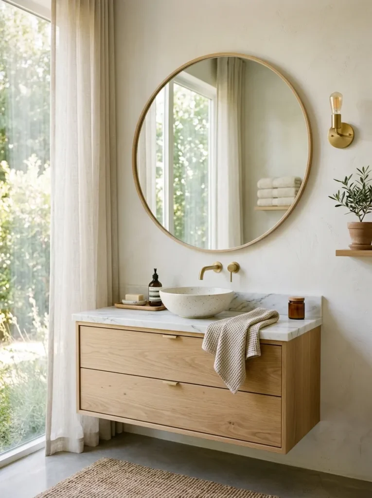 Oversized circular mirror with a thin white oak frame above a vanity