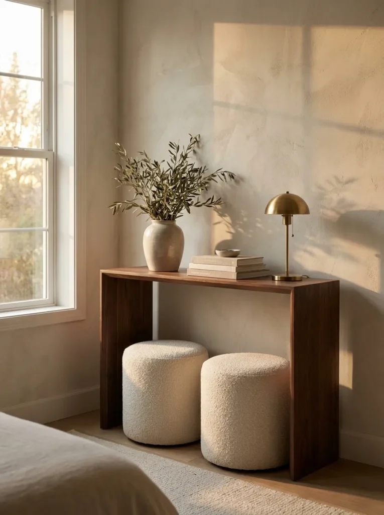 Two round cream boucle ottomans tucked beneath a dark walnut console table