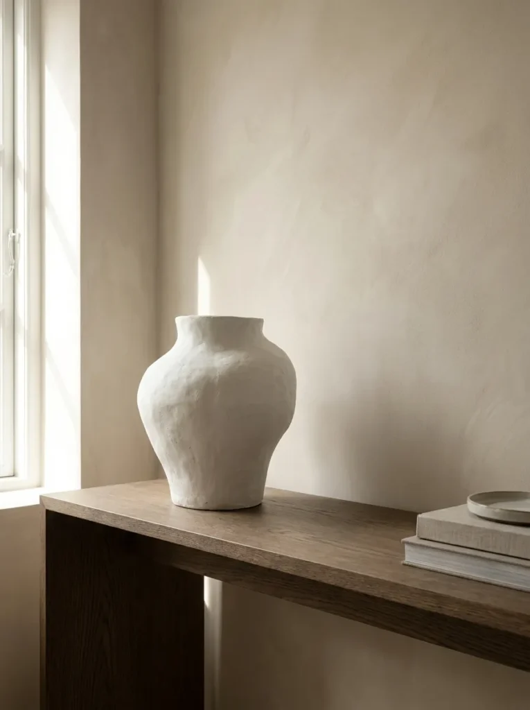Large textured white sculptural vase on a minimalist dark oak console table
