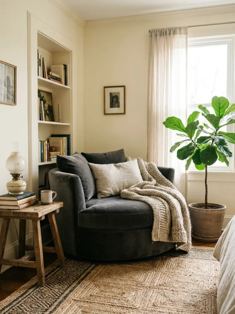 Big comfy charcoal gray swivel armchair in a bedroom corner