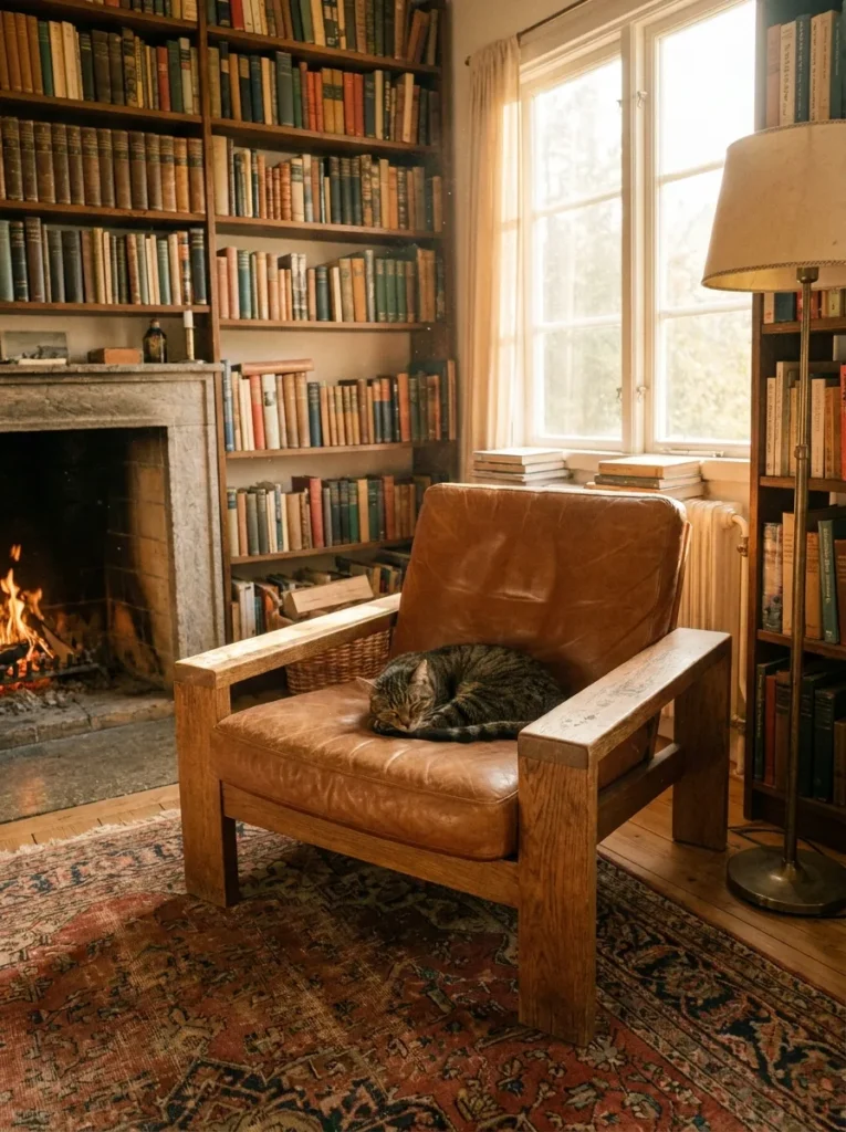 Distressed cognac leather cigar lounge chair in a classic reading room