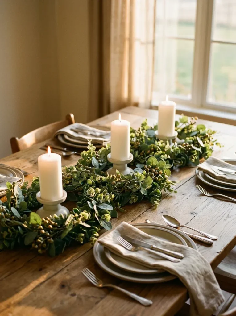 Woven faux eucalyptus garland runner on an oak dining table