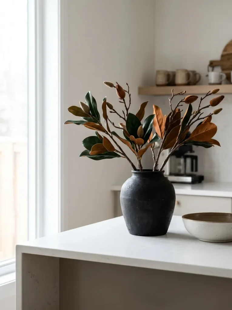 Faux magnolia branches showing dual textures inside a black iron vase