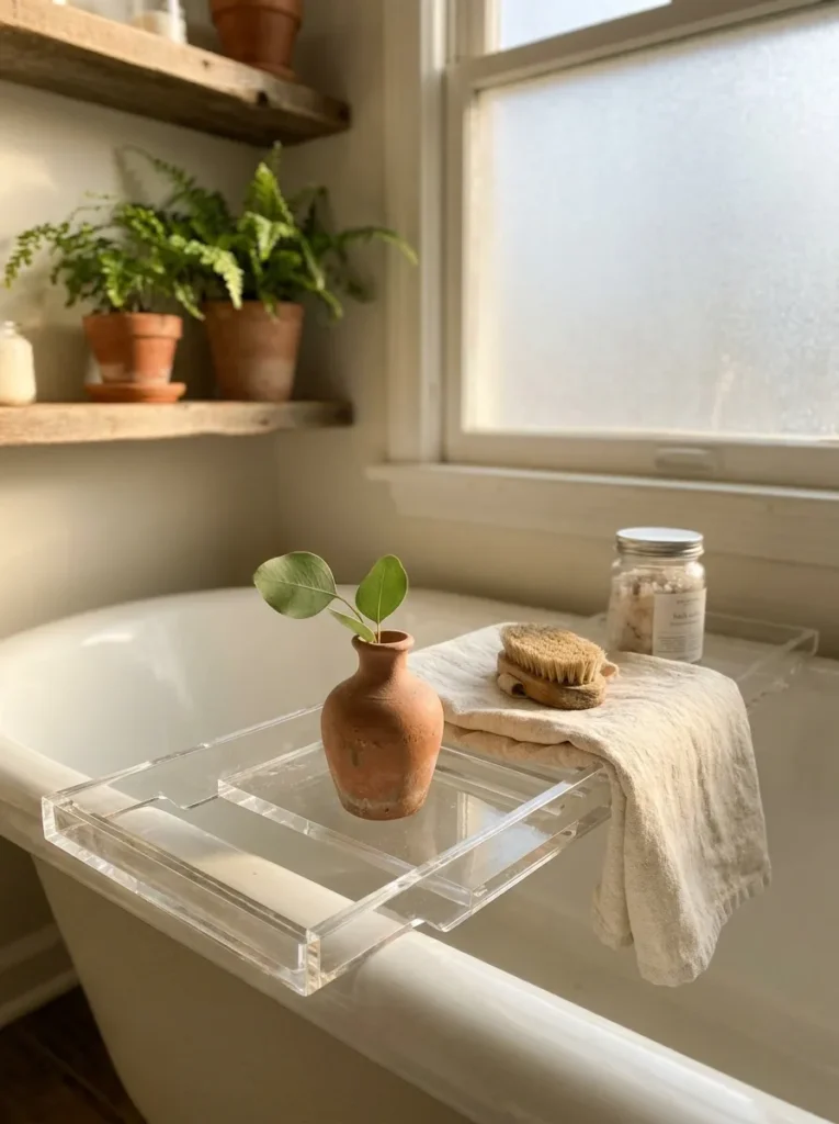 Tiny terracotta bud vase holding a single eucalyptus leaf on a bath tray