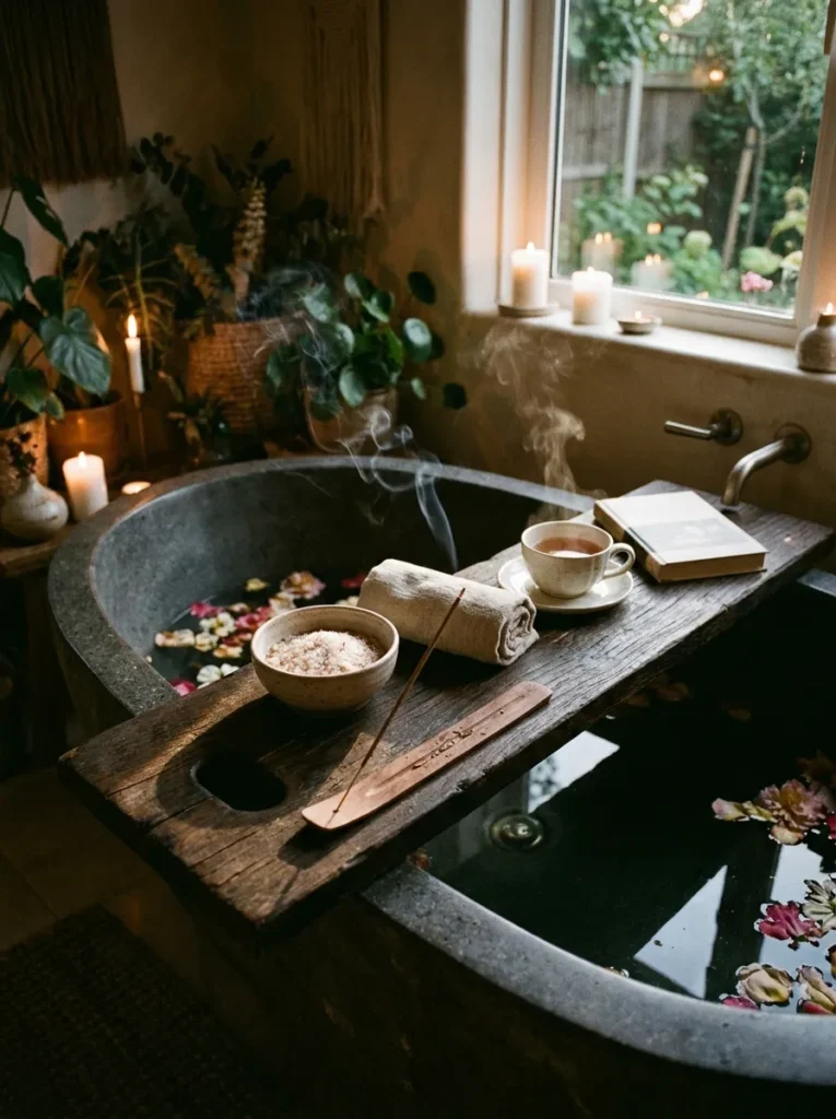Natural incense stick smoking gently inside a groove on a wood bath tray