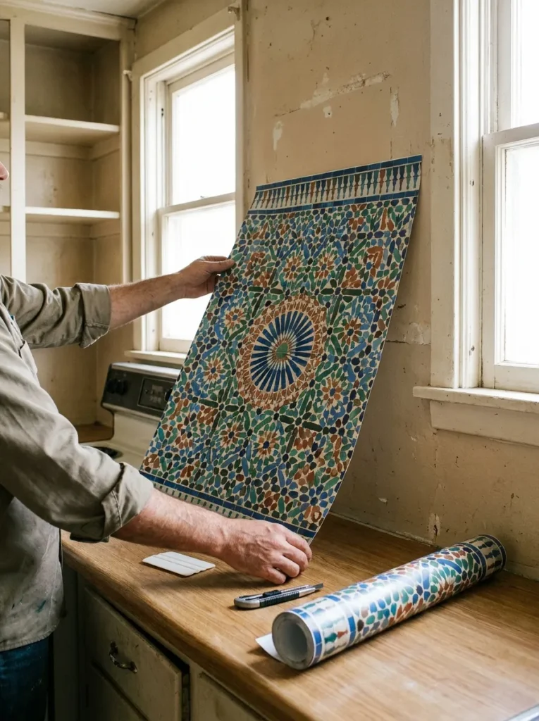 Applying a patterned peel and stick Moroccan tile decal to a kitchen wall