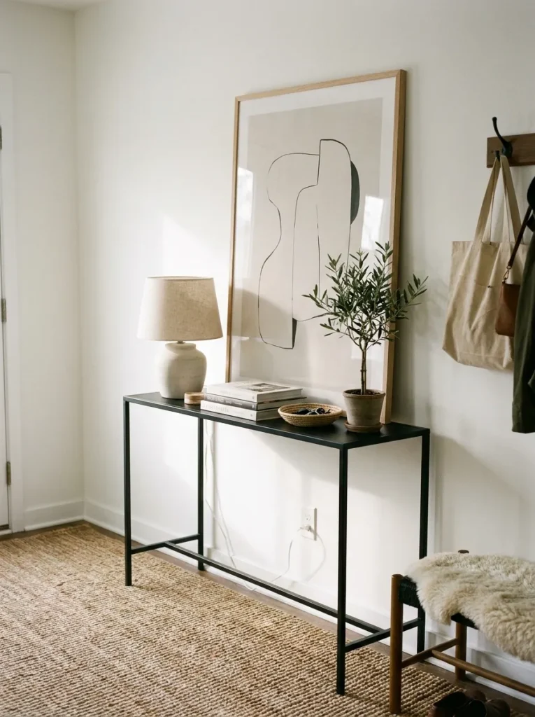 Minimalist art print leaning on a thin console table in a rental apartment