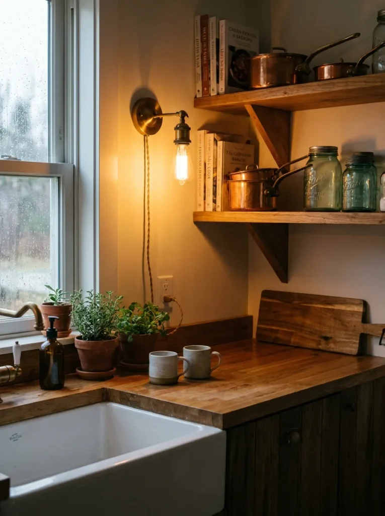 Brass plug in wall sconce mounted above a small kitchen sink