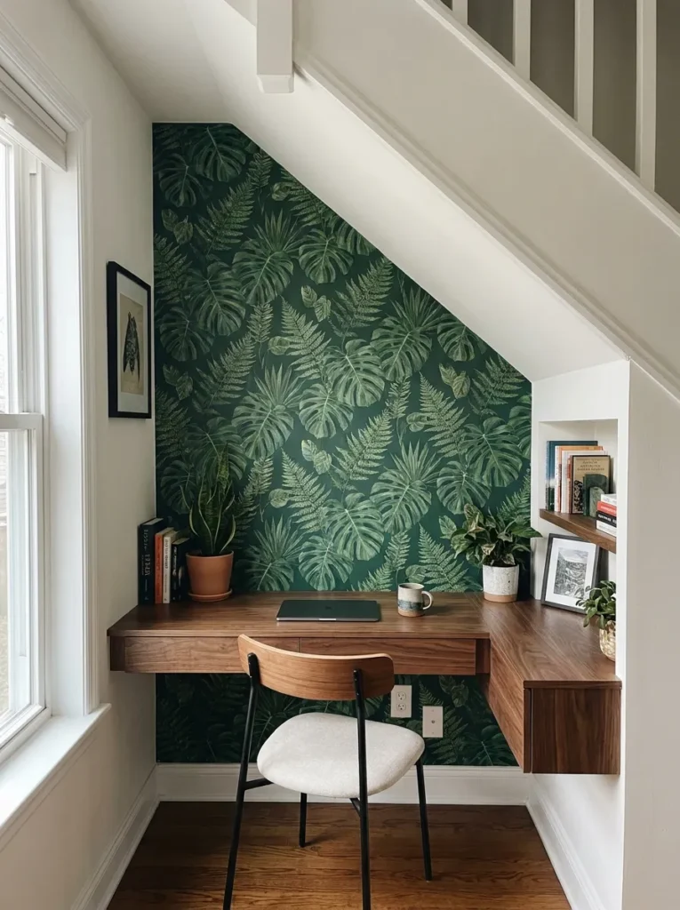 Dark green botanical peel and stick wallpaper defining an under stairs office