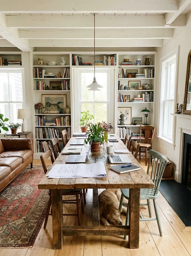 Dining room repurposed into a stylish library and workspace combo