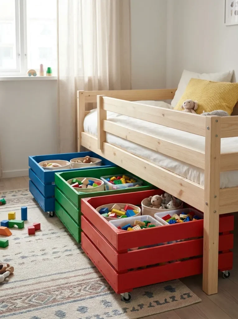 Rolling wooden toy storage crates tucked under a kid's bed