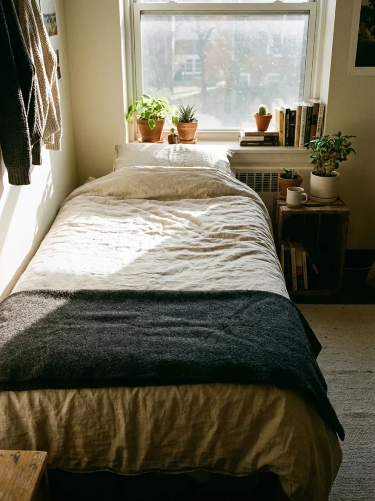 Charcoal throw blanket folded neatly across the foot of a styled twin bed
