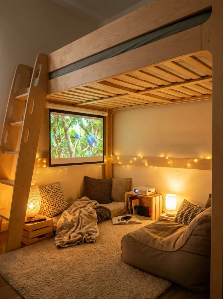 Retractable projector screen lowered inside a wooden loft bed lounge frame