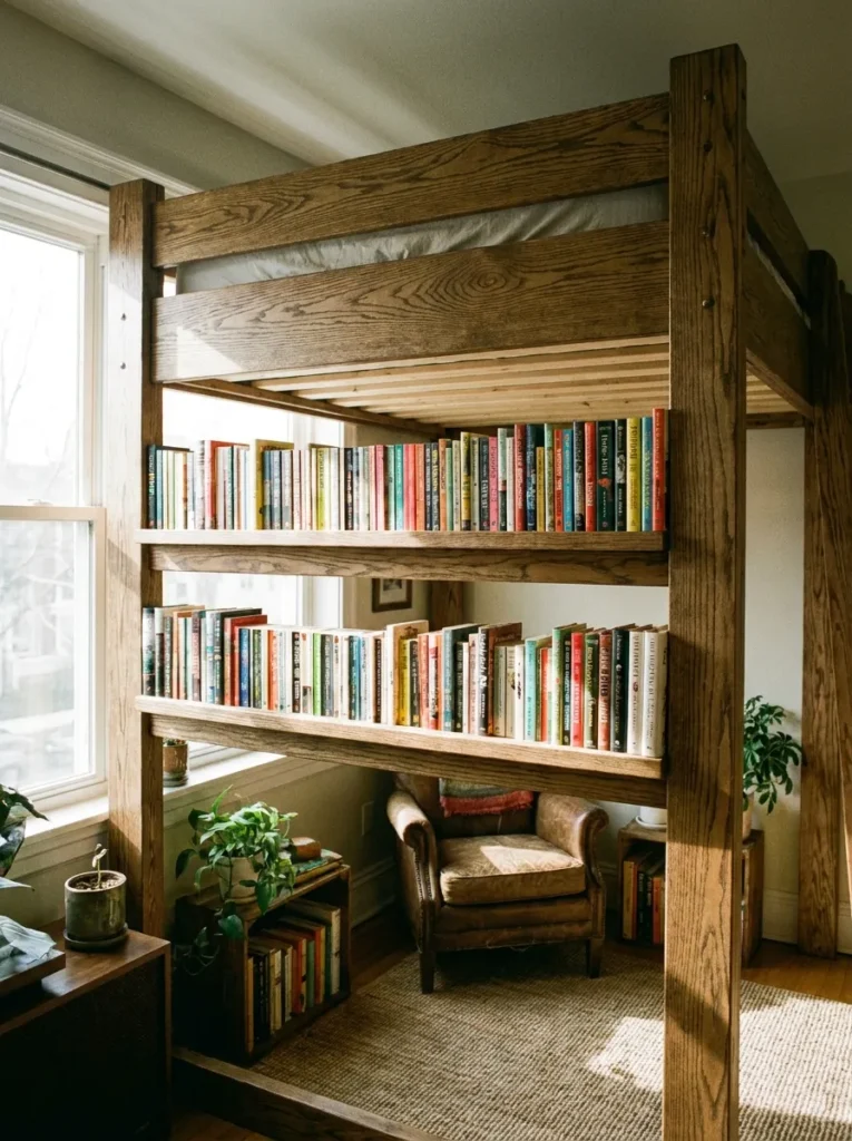 Oak front-facing book ledges built directly into the inner frame of a loft bed structure