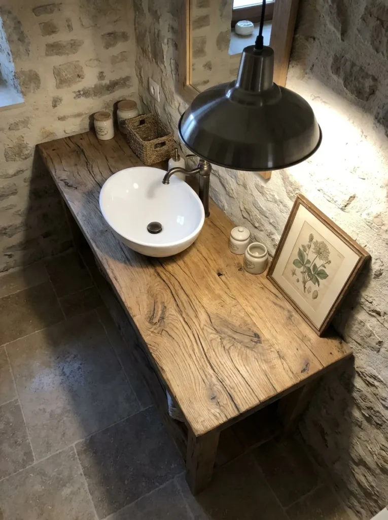 Reclaimed raw white oak vanity cabinet in a rustic bathroom