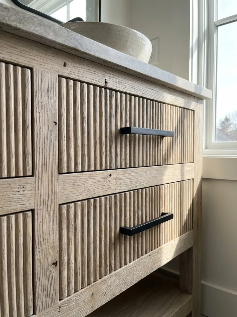 Reeded light oak cabinet drawer fronts with minimal black metal hardware handles