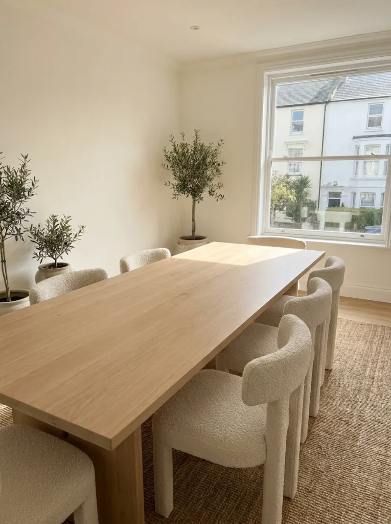 Curved back dining chairs softening a minimalist dining room layout