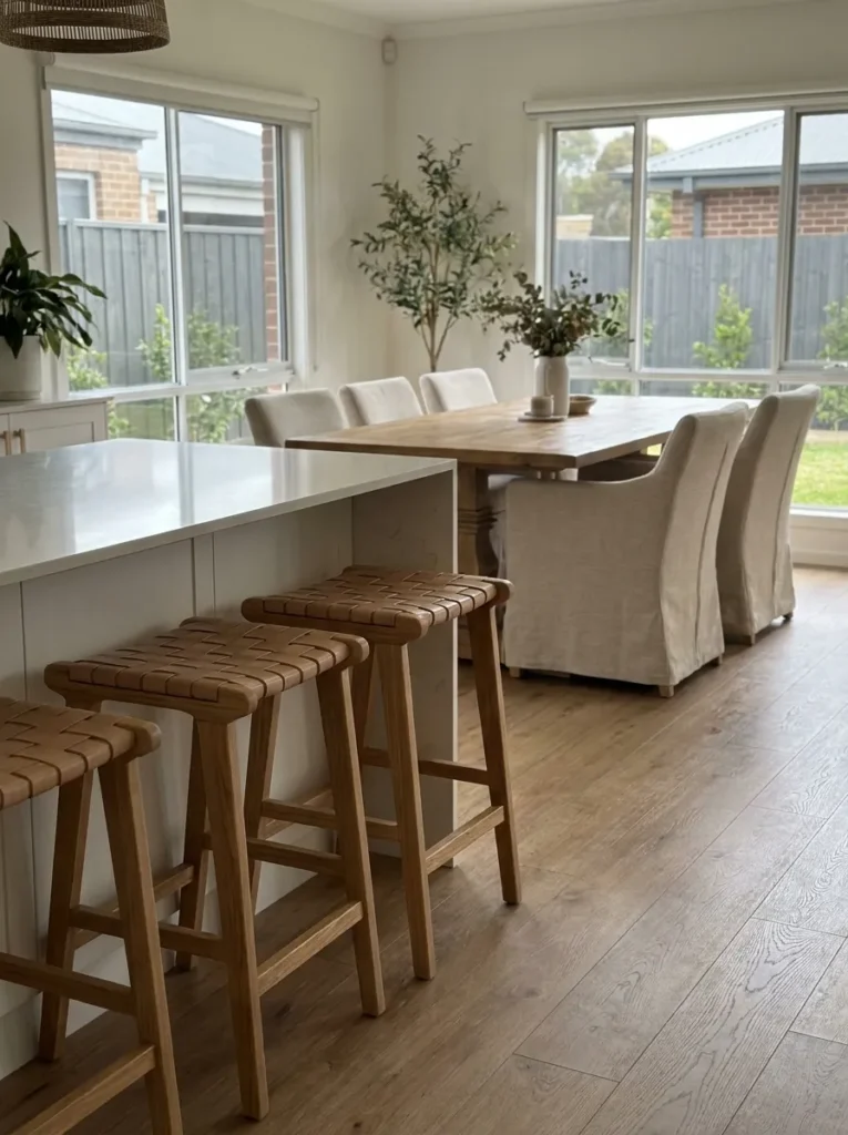 Complementary bar stools and dining chairs in an open plan room