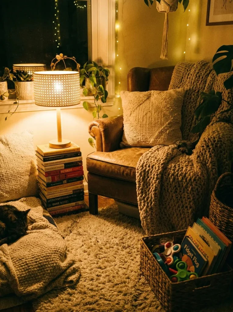 Cordless table lamp with a rattan shade lighting a cozy children's reading spot