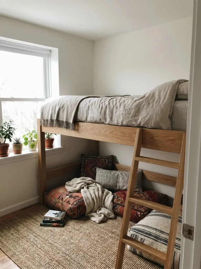 Low clearance short loft bed platform maximizing head space with an under-bed cushion nest