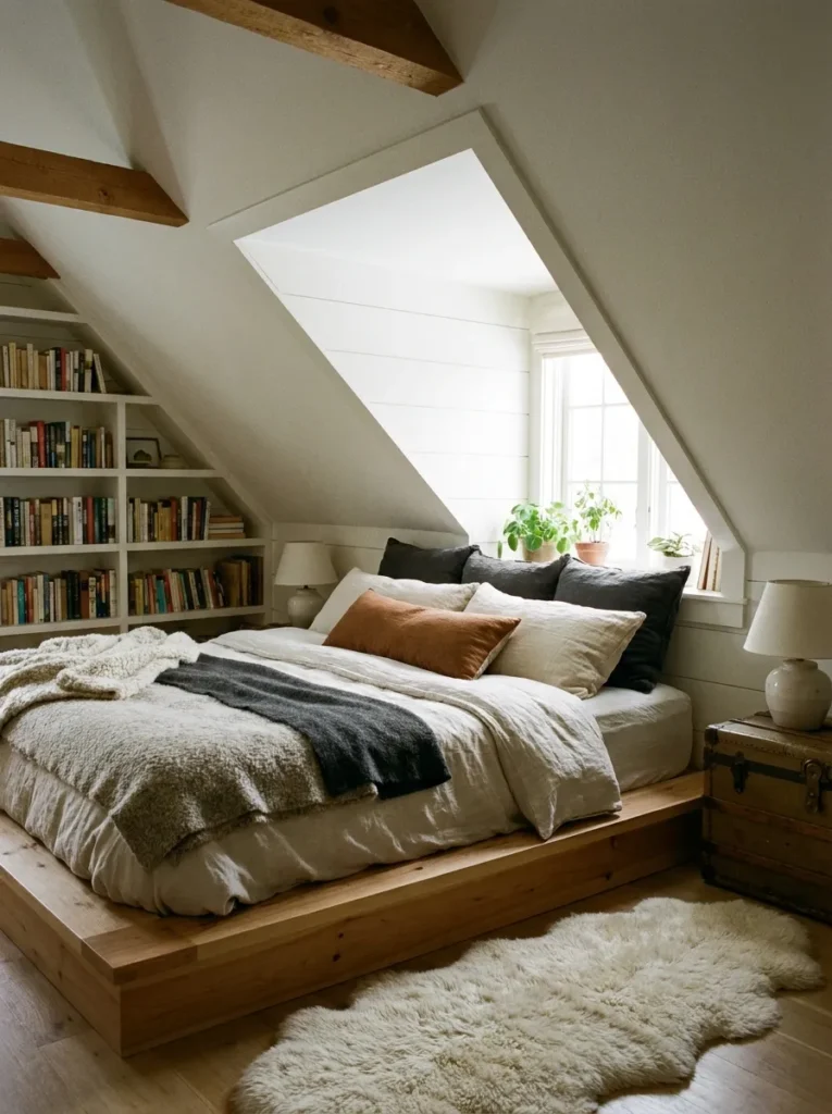 Low profile platform bed tucked under a slanted attic ceiling