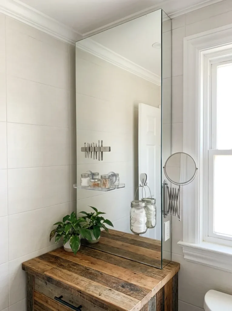Vertical ceiling height frameless mirror maximizing space in a small bathroom