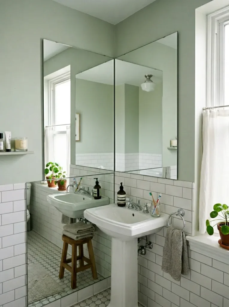 Two frameless vertical sheet mirrors meeting at a 90 degree corner above a sink