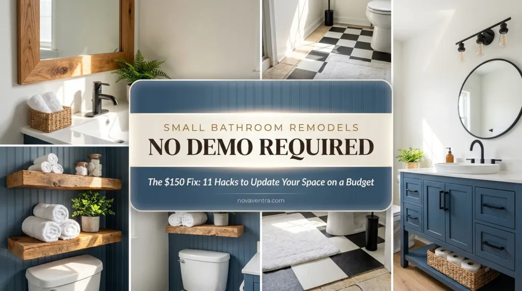 Small bathroom remodel ideas on a budget featuring framed mirrors, painted vanities, floating shelves, and peel and stick floor tiles.