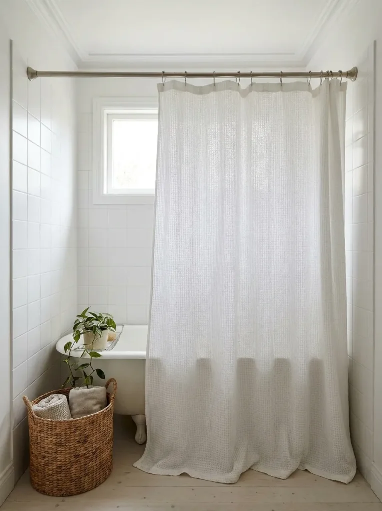 Extra long waffle weave shower curtain hung close to the bathroom ceiling