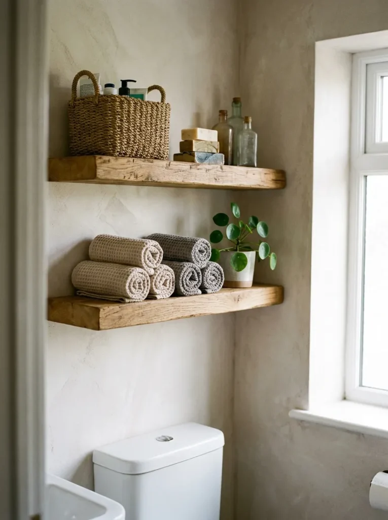Thick wooden floating shelves providing storage above a bathroom toilet