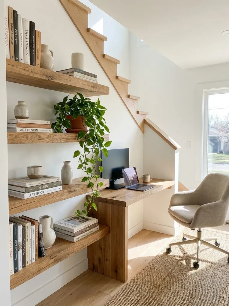 Vertical wooden floating shelves above a desk in an under stairs office