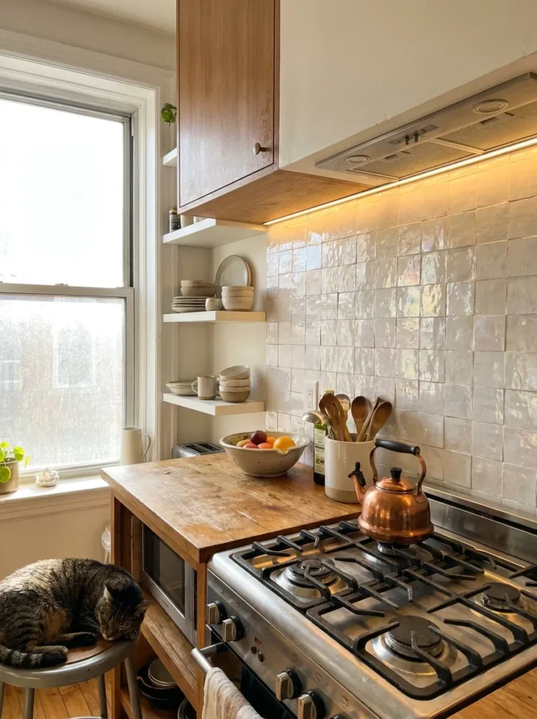 Glossy Zellige tile reflecting light in a small kitchen