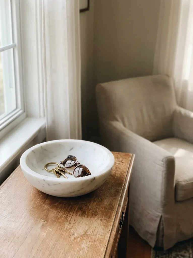 White marble catch all bowl holding keys on the corner of a table