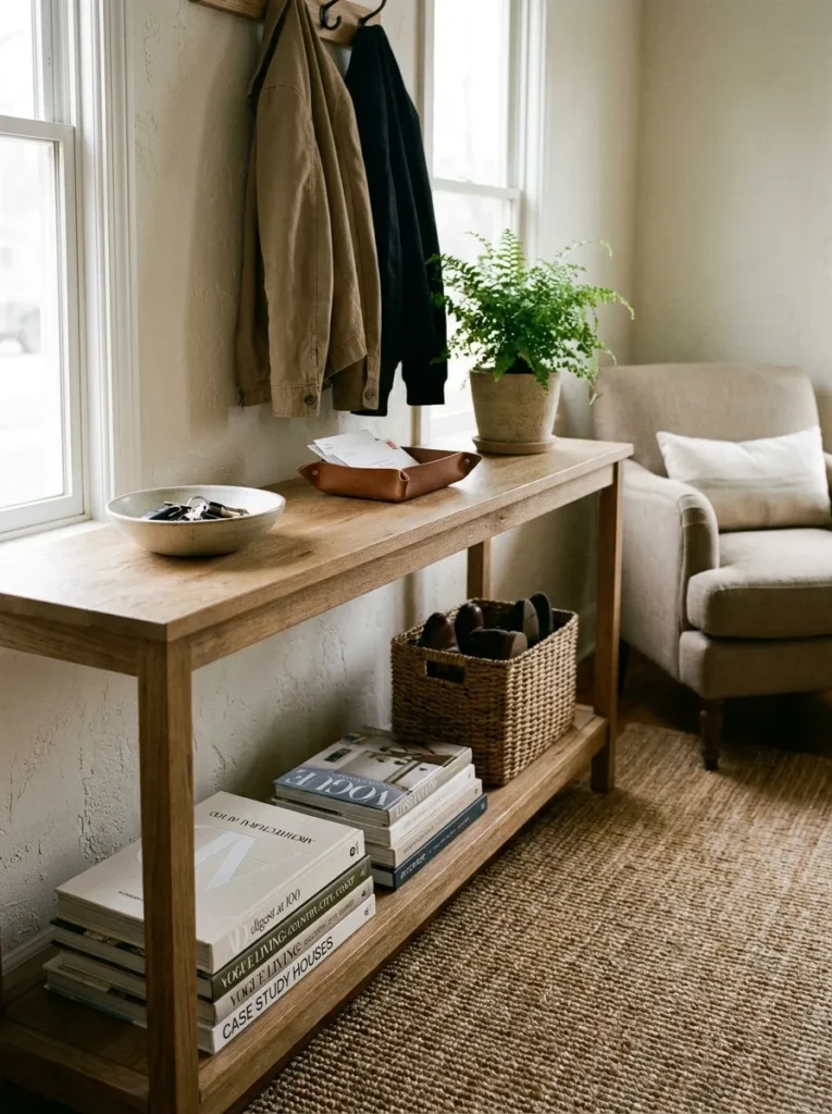 Hardcover design books stacked flat on the lower shelf of a console table