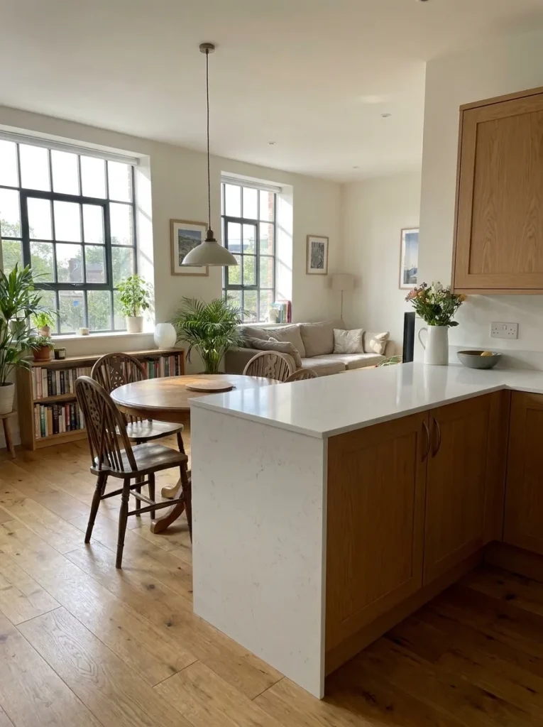 Kitchen peninsula separating a small open plan kitchen and dining area