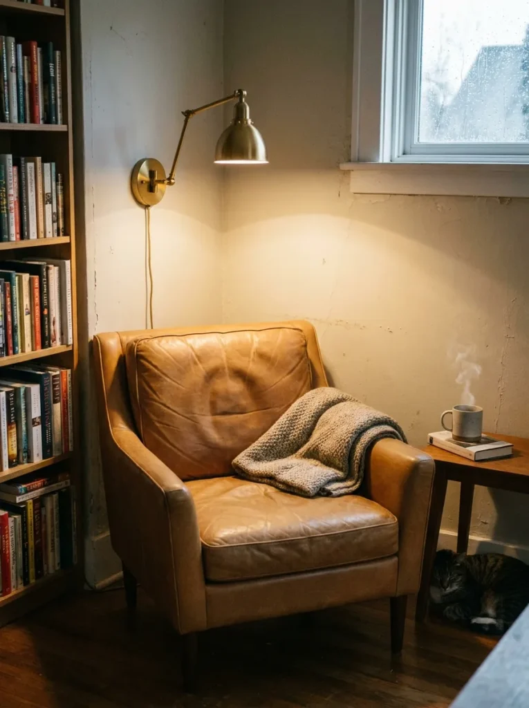 Mid-scale leather chair in a small reading nook cozy corner with a brass sconce