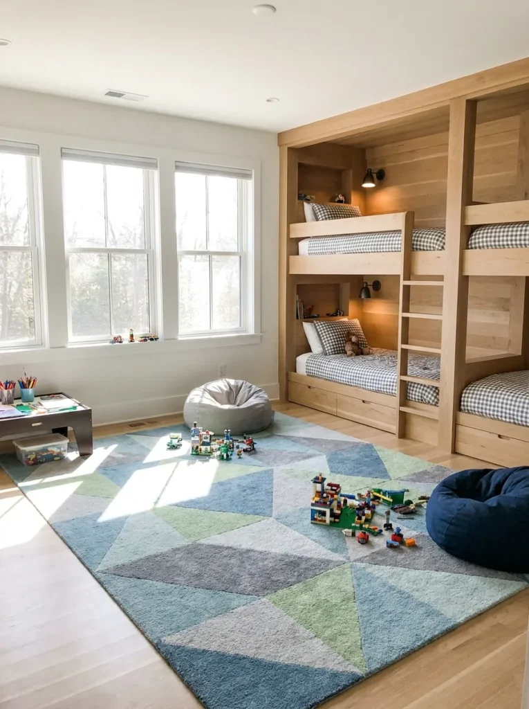 Open floor plan in a small shared boys bedroom layout