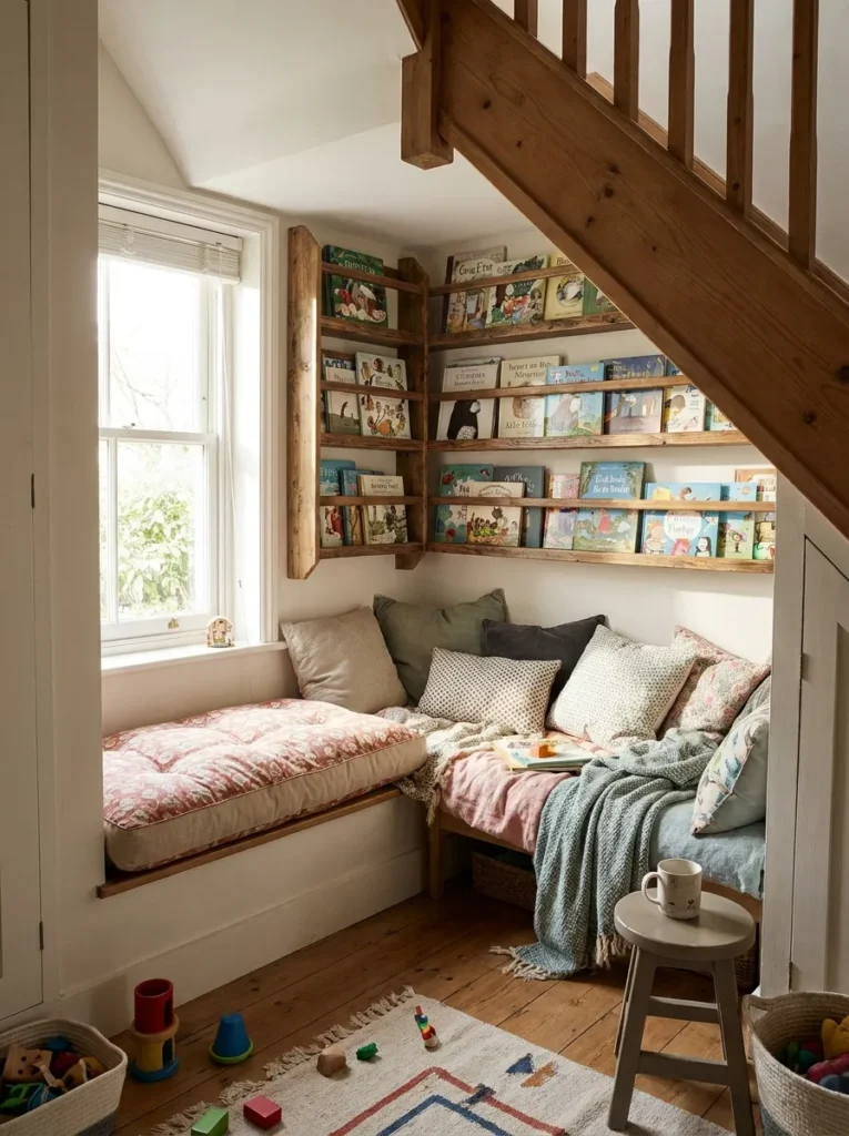 Small space kids reading corner built into an under stairs alcove space