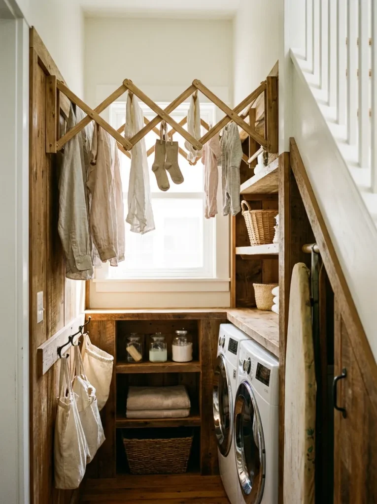 Accordion style retractable drying rack mounted inside a laundry closet