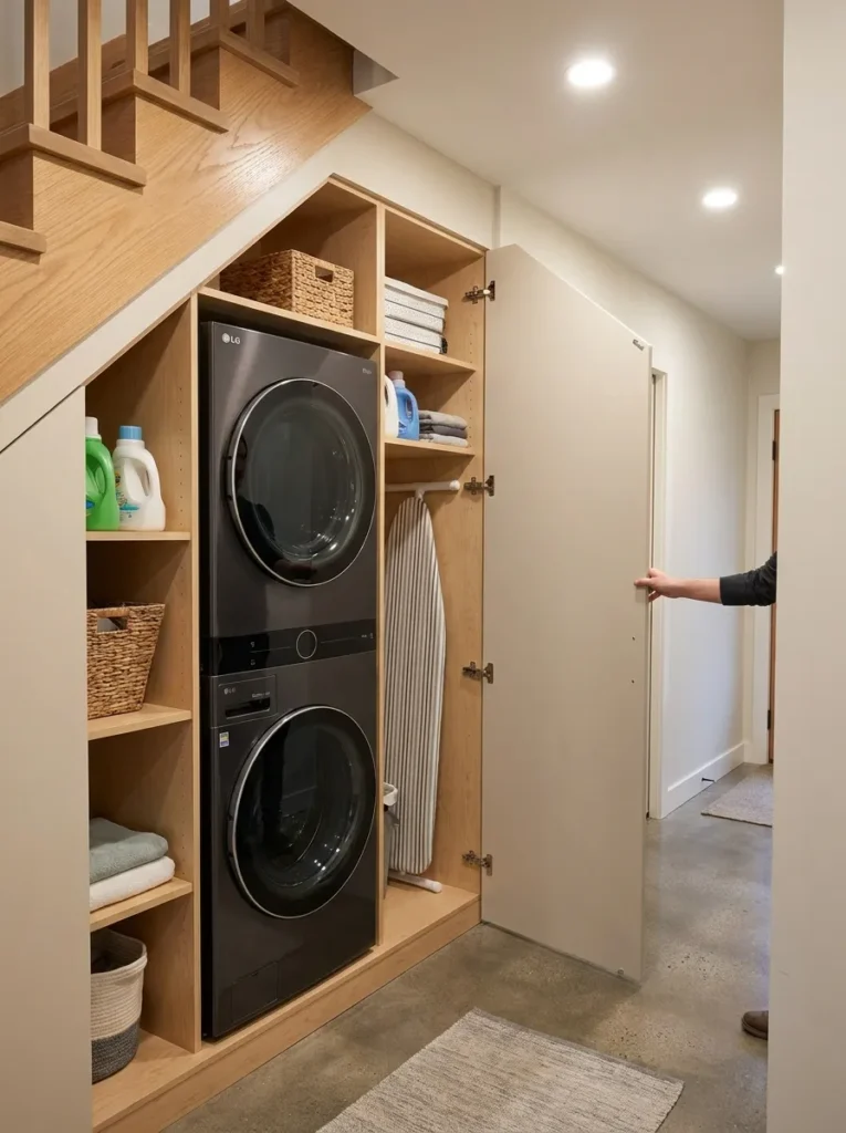 Stacked washer and dryer fitting perfectly under the highest point of stairs