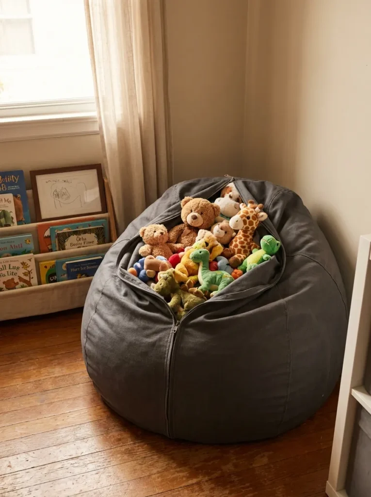 Canvas bean bag chair cover used for storing stuffed animals