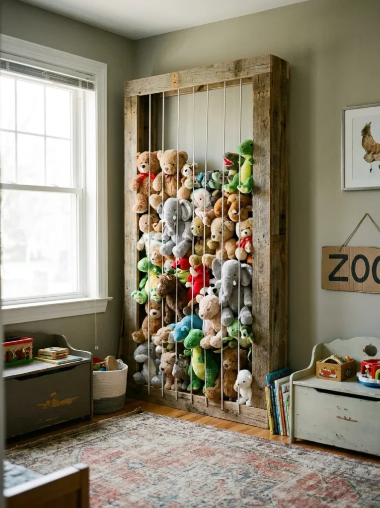 DIY bungee cord stuffed animal storage zoo against a wall