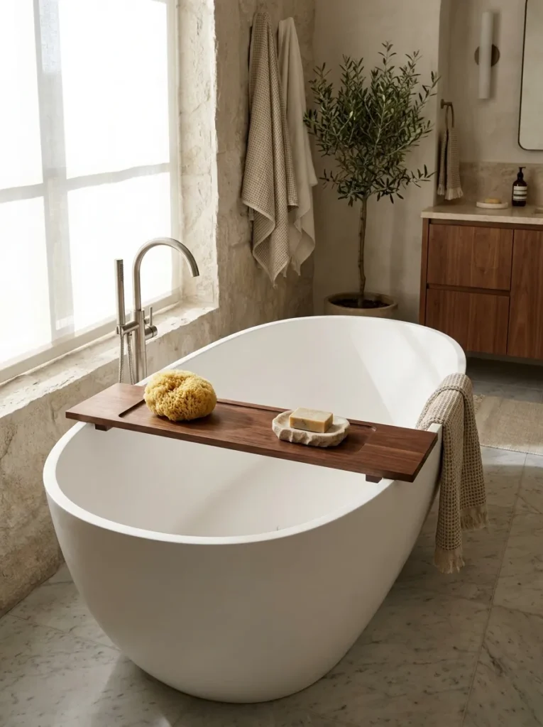 Dark walnut wood caddy styled with a sea sponge across a freestanding white tub