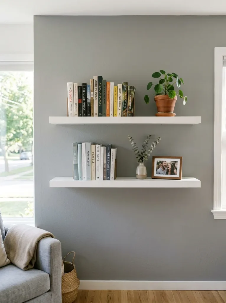 Long white floating shelves stacked symmetrically with books on a wall