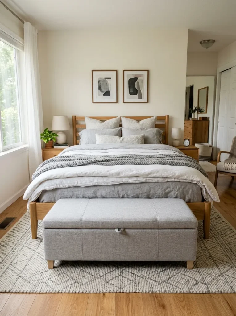 Gray fabric storage bench positioned at the foot of a platform bed