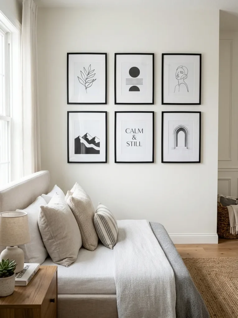 Symmetrical grid of black frames displaying minimal art on a bedroom wall